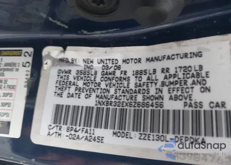 2006 Toyota Corolla Ce из США, поврежденный, VIN 1NXBR32EX6Z686456